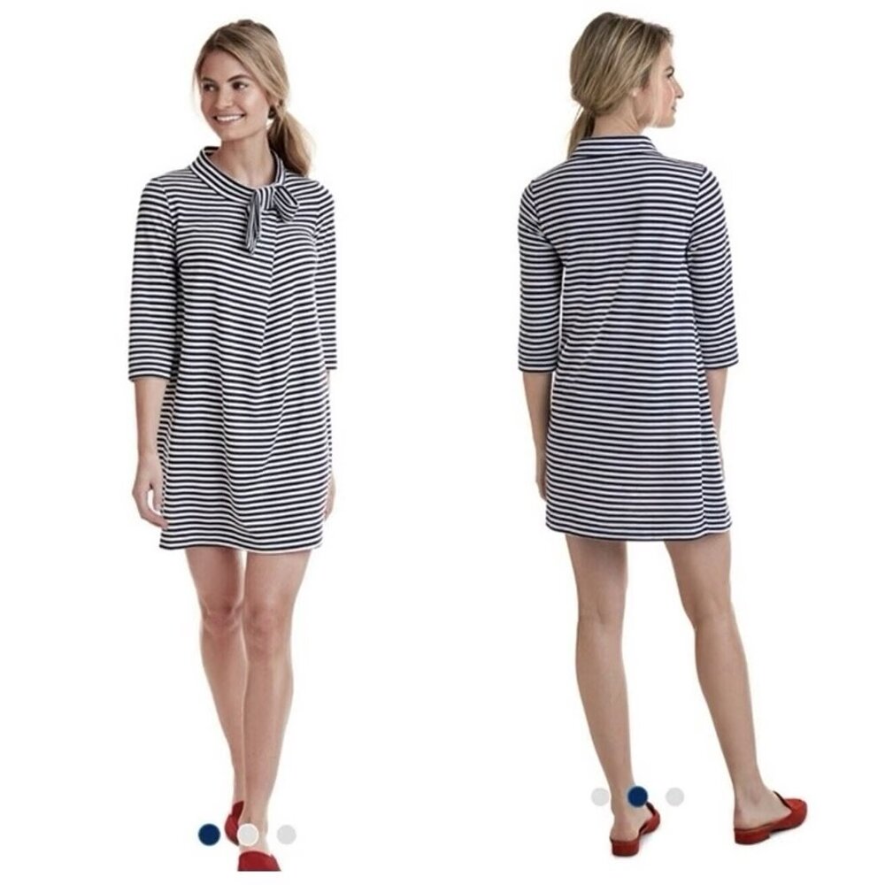 Vineyard Vines Bow Neck Knit Shift Dress XS Navy Blue White Striped Nautical